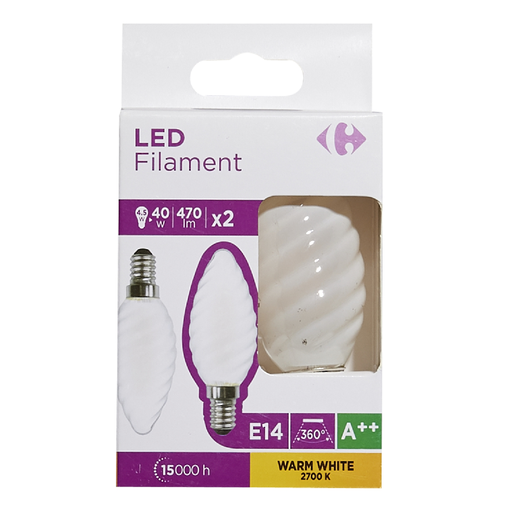 [3616180998531] CARREFOUR Ampoules LED E14 flamme torsadée 40W blanc chaud dépolie, le lot de 2