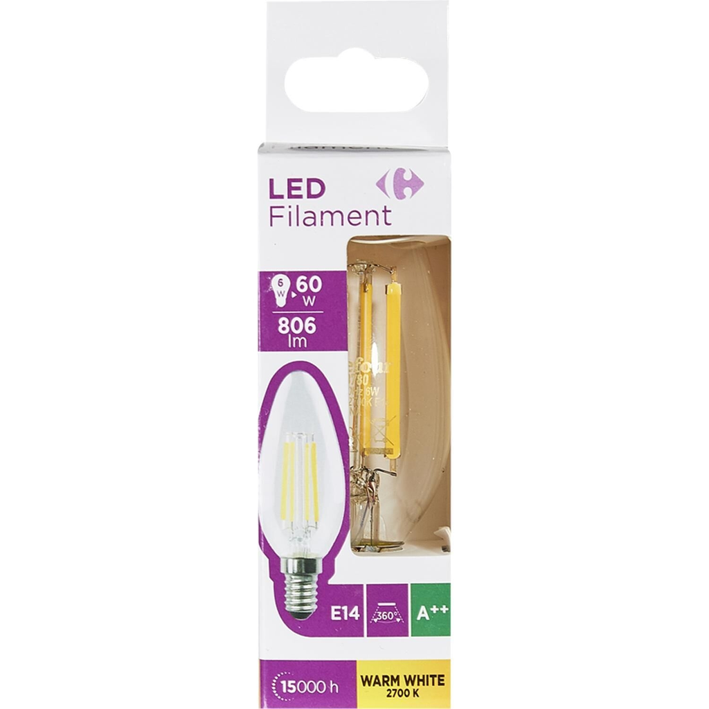 CARREFOUR Bombillas LED E14 Llama Lisa 60W Blanco Cálido Clara