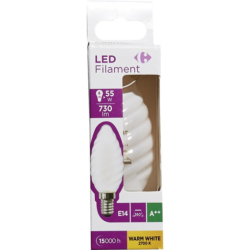 [3616180998562] CARREFOUR Ampoules LED E14 flamme torsadée 55W blanc chaud dépolie l'ampoule