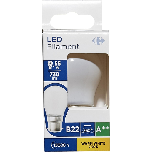 [3616180998616] CARREFOUR Ampoules LED B22 sphérique 55W blanc chaud dépolie