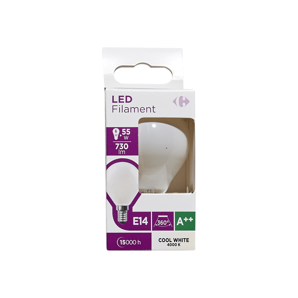 CARREFOUR Bombilla LED E14 Esférica 55W Blanco Frío Mate pack de 1