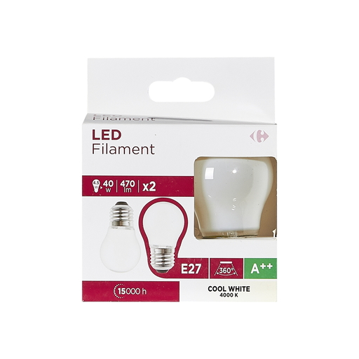 [3616180998678] CARREFOUR Ampoules LED E27 sphérique 40W blanc froid dépolie le lot de 2