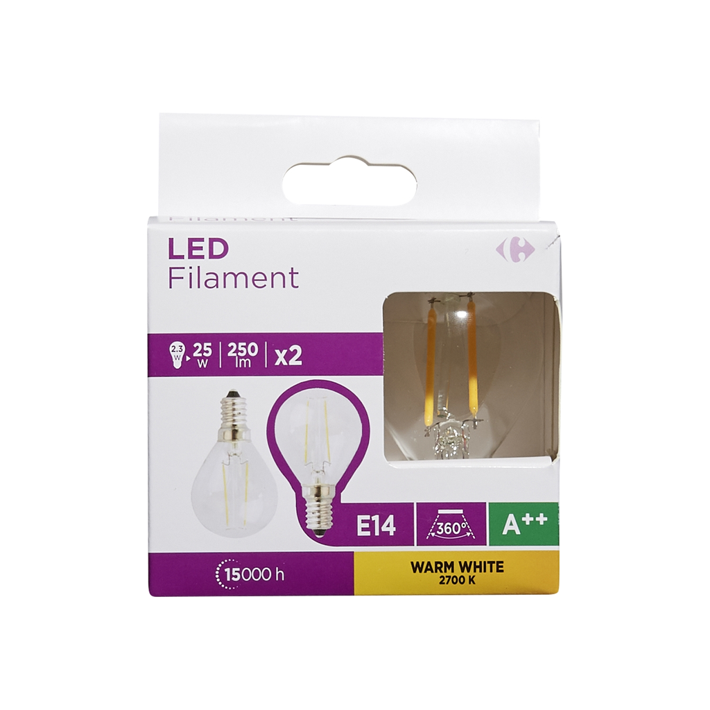 CARREFOUR Ampoules LED E14 sphérique 25W blanc chaud claire, le lot de 2