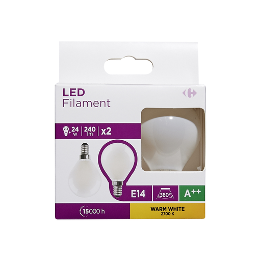 [3616180998715] CARREFOUR Ampoules LED E14 sphérique 24W blanc chaud dépolie le lot de 2