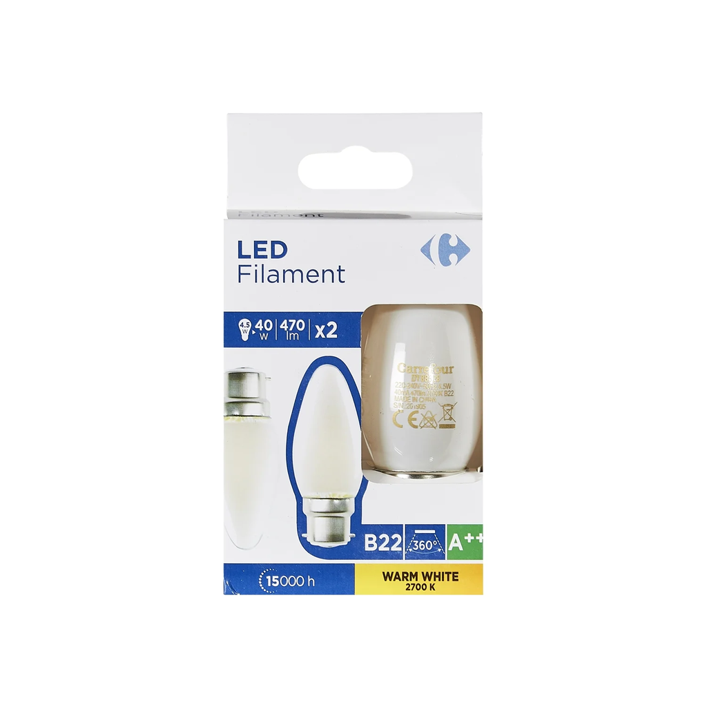 CARREFOUR Lâmpadas LED B22 Chama Lisa 40W Branco Quente Mate, lote de 2