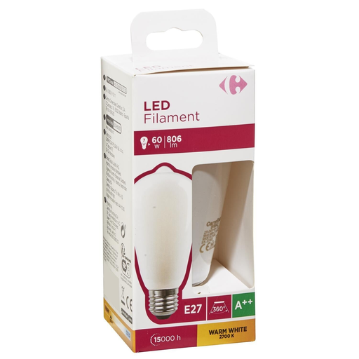 [3616180998784] CARREFOUR Bombilla LED E27 Edison ST64 60W blanco cálido mate 1 unidad