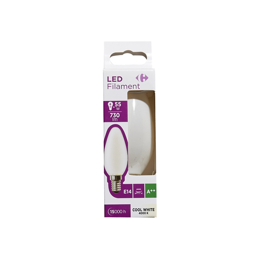 [3616180998791] CARREFOUR Ampoules LED E14 flamme lisse 55W blanc froid dépolie le lot de 1