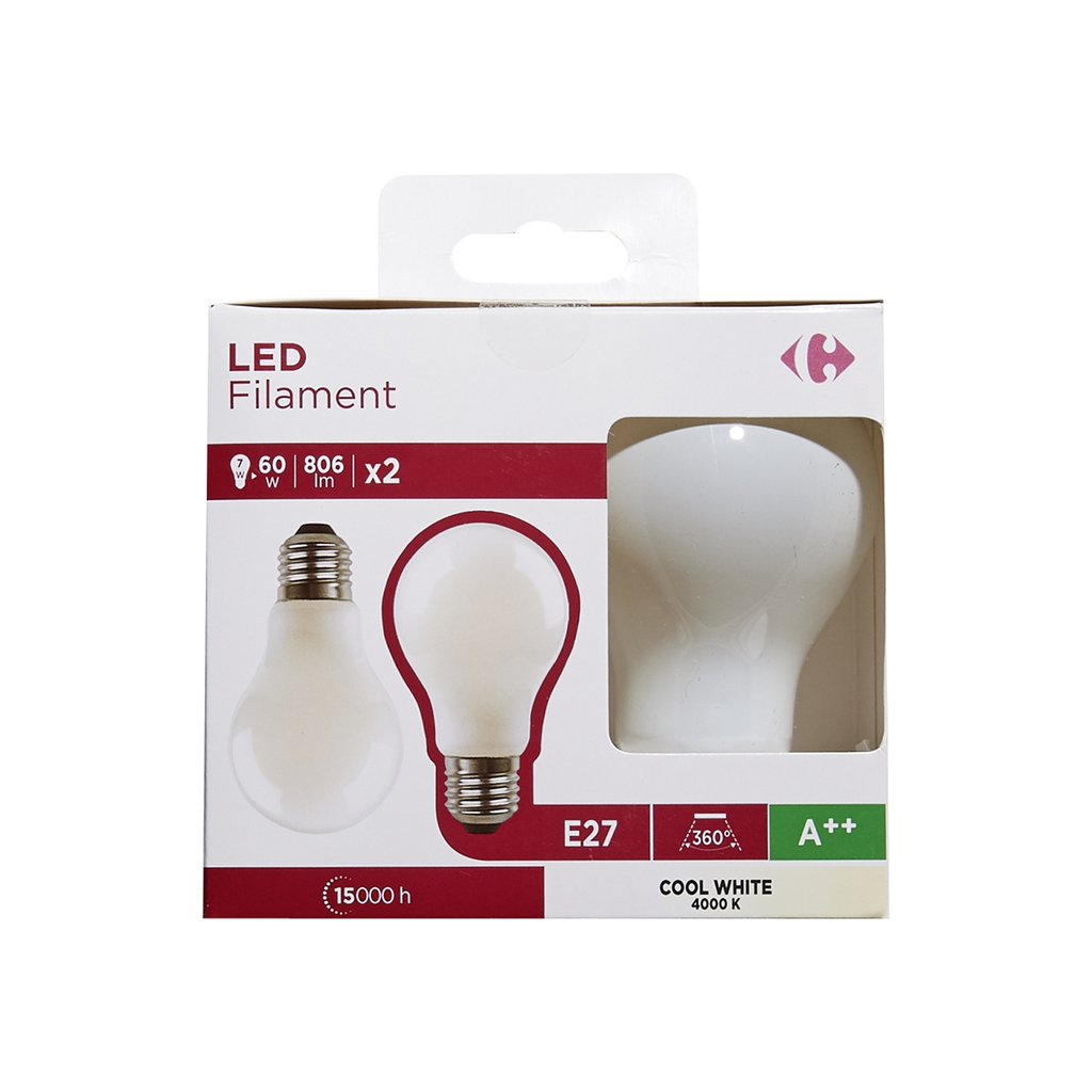 CARREFOUR Ampoules LED E27 standard 60W blanc froid dépolie le lot de 2