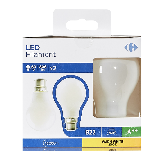 [3616180998814] CARREFOUR Ampoules LED B22 standard 60W blanc chaud dépolie le lot de 2
