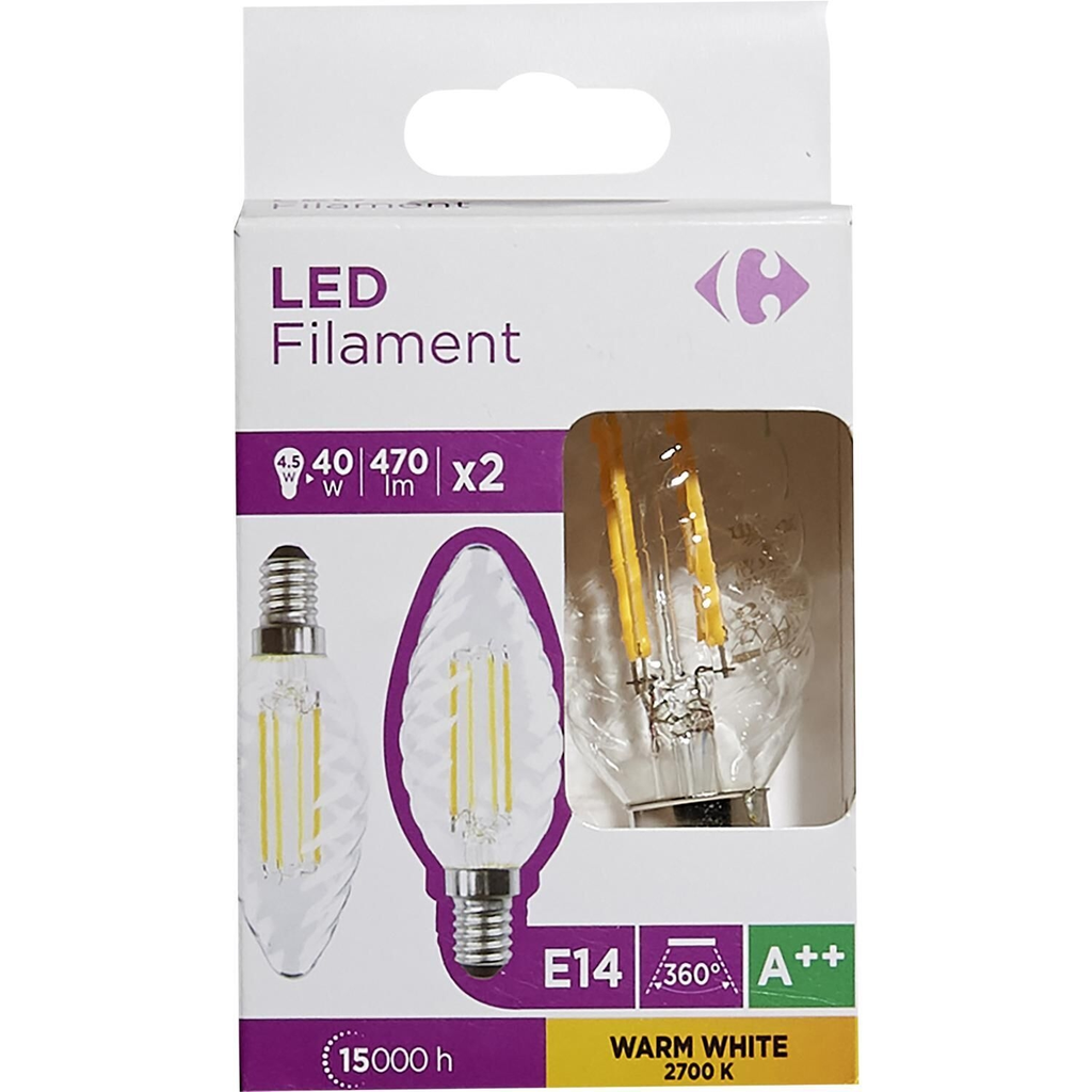 CARREFOUR LED Bulbs E14 Twisted Flame 40W Warm White Clear, box of 2