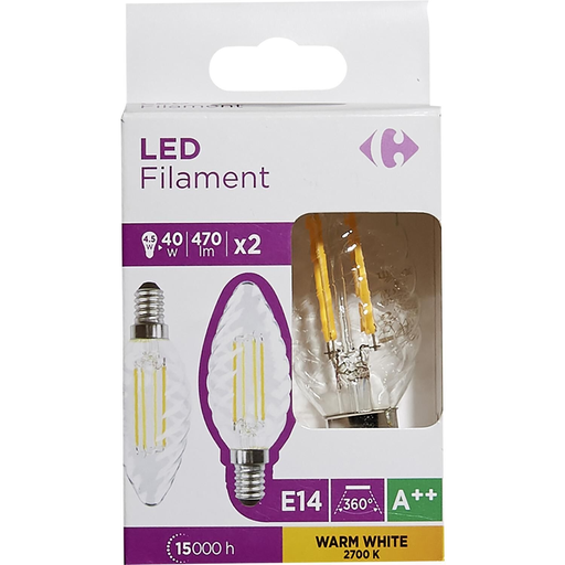 [3616180999804] CARREFOUR LED Bulbs E14 Twisted Flame 40W Warm White Clear, box of 2