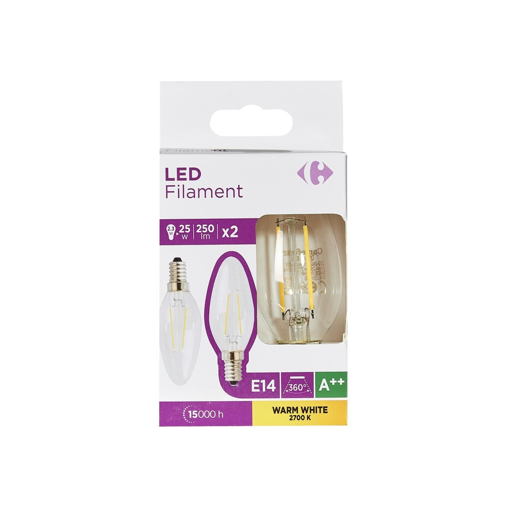 CARREFOUR LED Bulbs E14 Smooth Flame 25W Warm White Clear 2-Pack