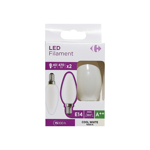 [3616180999835] CARREFOUR LED Bulbs E14 Smooth Flame 40W Cool White Frosted 2-Pack