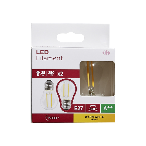 [3616180999866] CARREFOUR LED Bulbs E27 Spherical 25W Warm White Clear 2-Pack