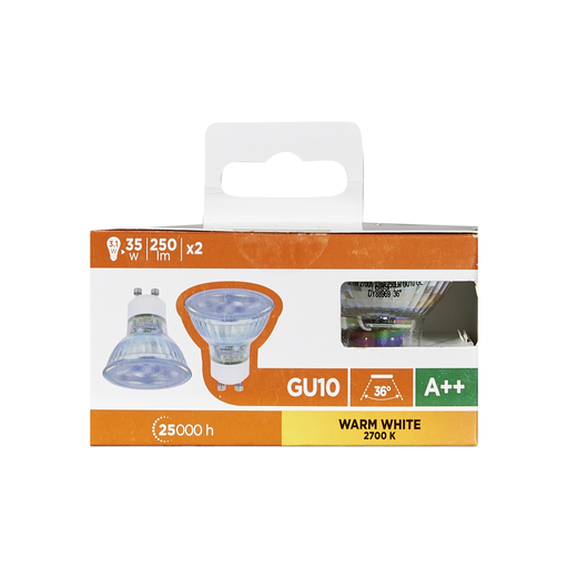 [3616181027674] CARREFOUR LED Bulbs GU10 35W Warm White 36° pack of 2