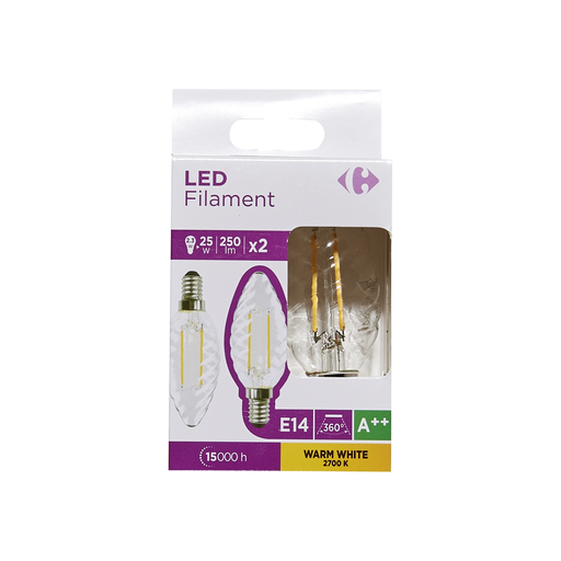 [3616181035471] CARREFOUR LED Bulbs E14 Twisted Flame 25W Warm White Clear 2-Pack