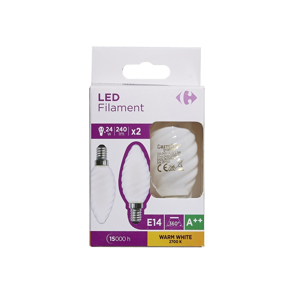 CARREFOUR Bombillas LED E14 llama retorcida 2.3W blanco cálido esmerilada caja de 2