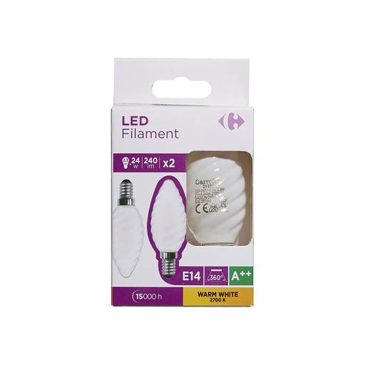 [3616181035488] CARREFOUR Lâmpadas LED E14 chama torcida 2.3W branco quente fosca caixa de 2