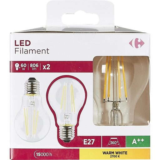 [3616181039943] CARREFOUR LED Bulbs E27 standard 60W warm white clear 2-pack