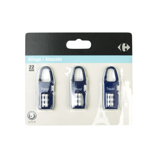 [3616181929824] CARREFOUR Candado aleación combinación 22mm lote de 3
