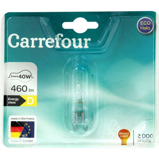 [3616473164674] CARREFOUR Lâmpada Halogénea Cápsula G9 Branco Quente 40W, lote de 2