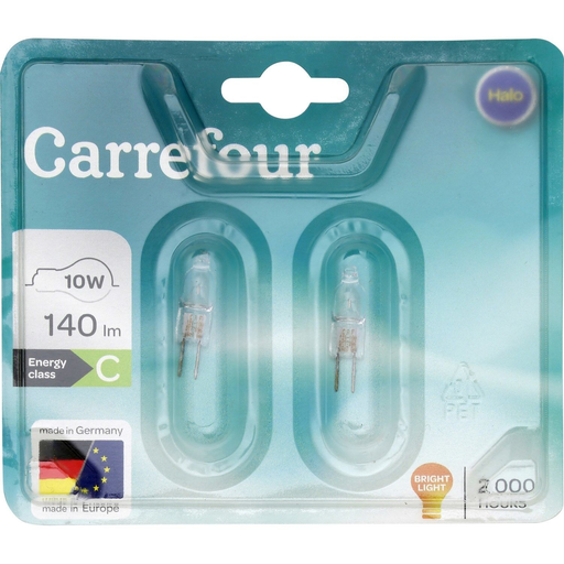 [3616473164698] CARREFOUR Bombilla Halógena G4 Cápsula Blanco Cálido 10W Lote de 2