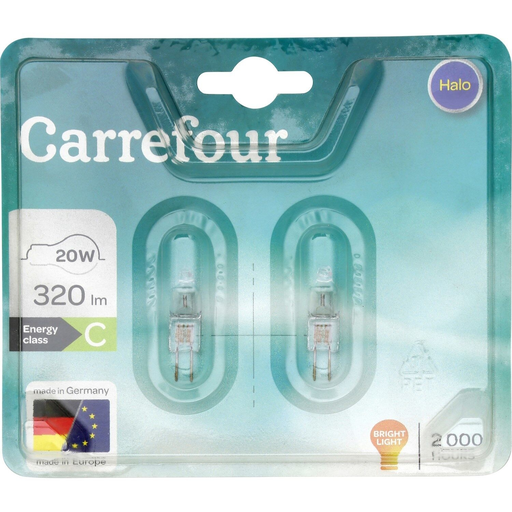 [3616473164704] CARREFOUR Bombilla Halógena G4 Cápsula Blanco Cálido 20W lote de 2