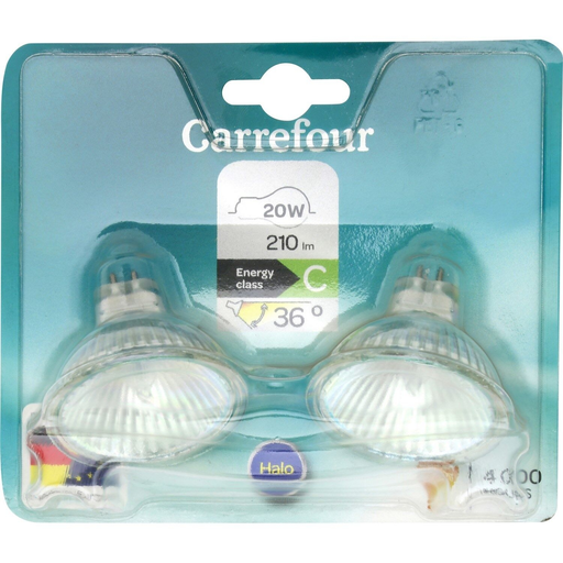 [3616473164711] CARREFOUR Bombillas Halógenas Spot GU5.3 20W Blanco Cálido lote de 2