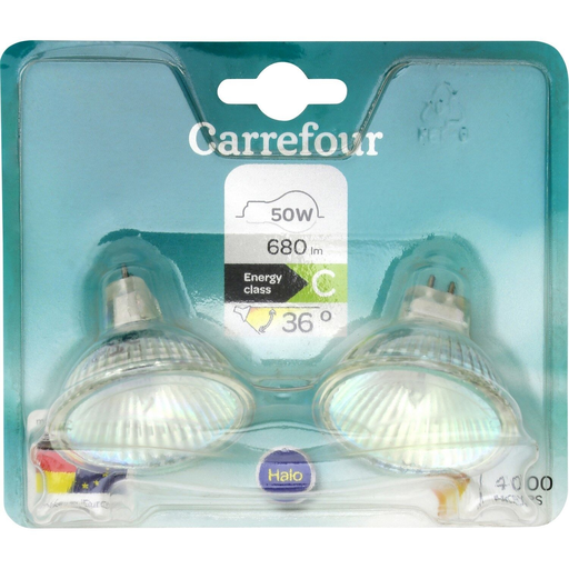 [3616473164728] CARREFOUR Bombillas Halógenas Spot GU5.3 50W Blanco Cálido lote de 2