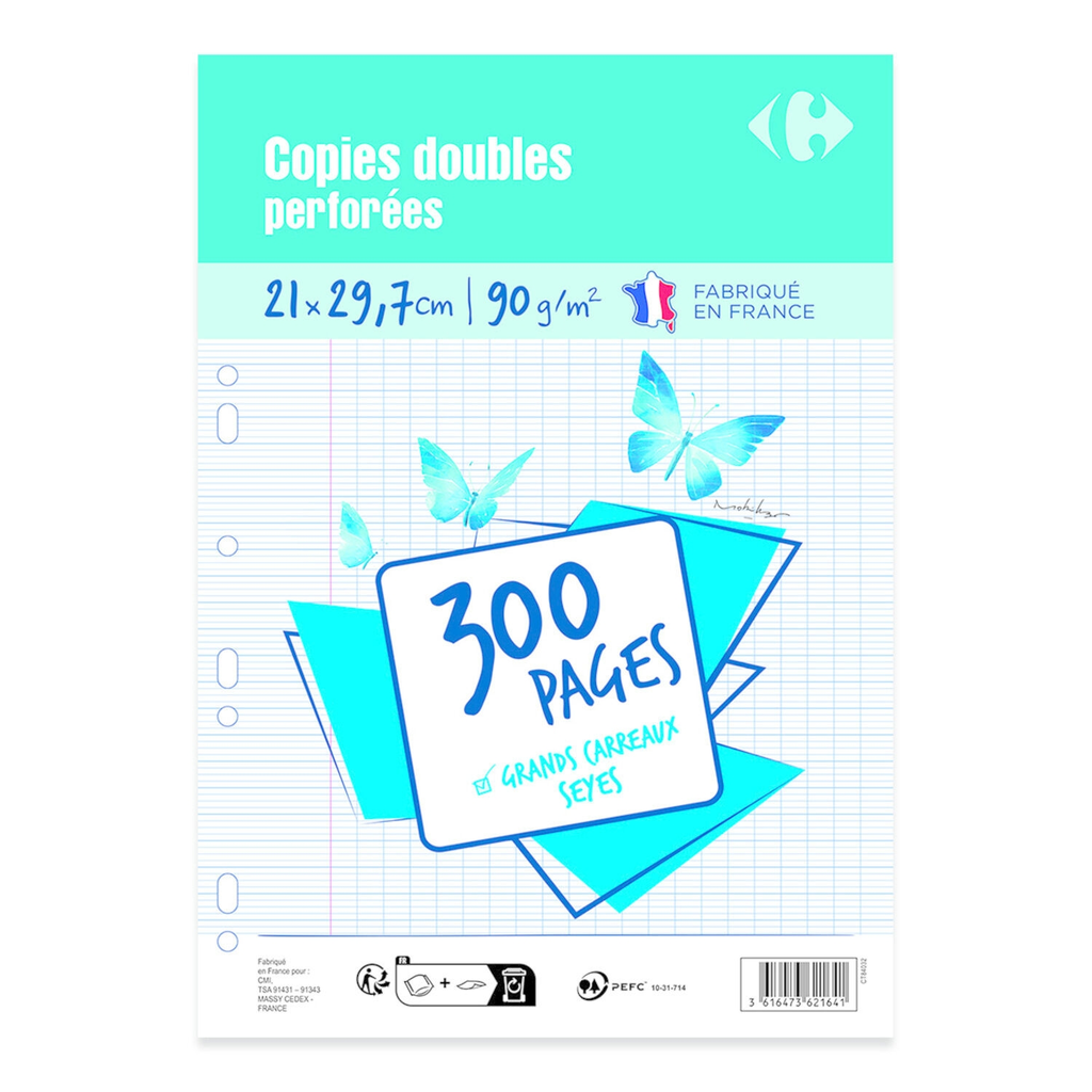 CARREFOUR Copies doubles perforées 21x29,7cm Grands carreaux, le lot de 300 pages