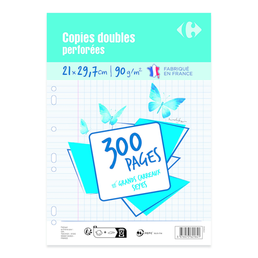 [3616473621641] CARREFOUR Copies doubles perforées 21x29,7cm Grands carreaux, le lot de 300 pages
