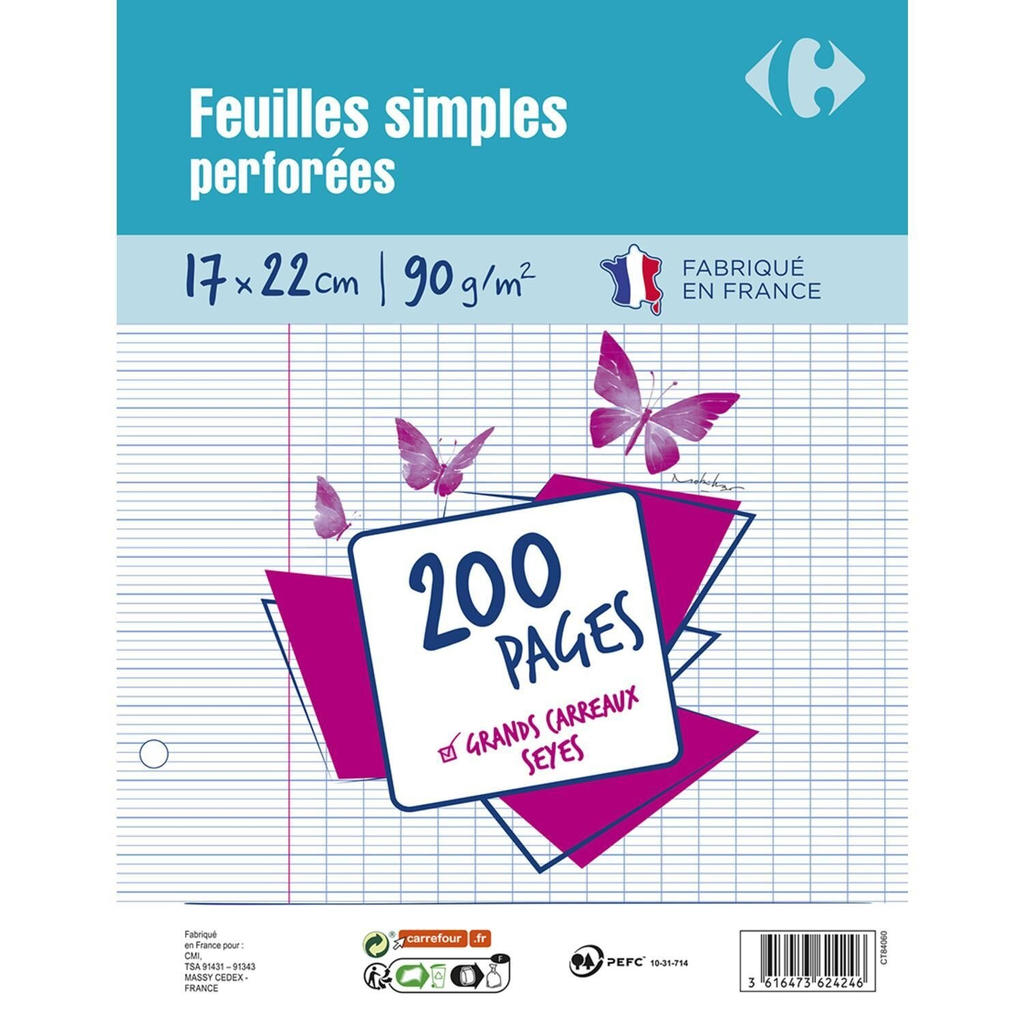 CARREFOUR Feuilles simples perforées 17x22cm Grands carreaux, le lot de 200 pages