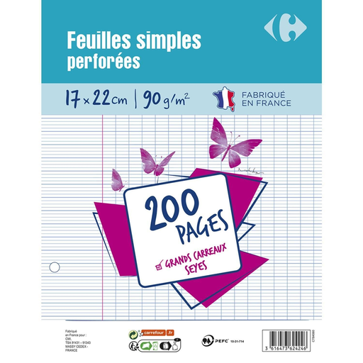 [3616473624246] CARREFOUR Feuilles simples perforées 17x22cm Grands carreaux, le lot de 200 pages