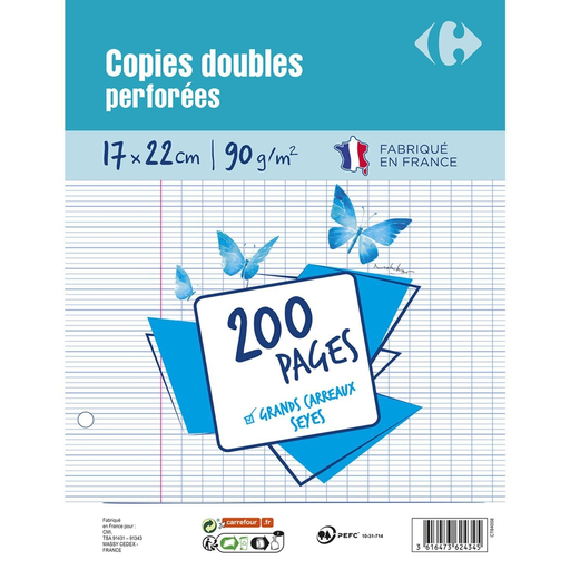 [3616473624345] CARREFOUR Copies doubles perforées 17x22cm Grands carreaux, le lot de 200 pages