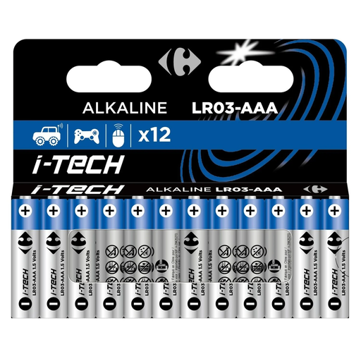 [3616474434660] CARREFOUR Piles Alcaline LR03-AAA 1,5V I-Tech, lot de 12 piles