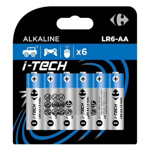 [3616474434691] CARREFOUR Piles Alcaline LR6-AA 1,5V I-Tech, le lot de 6 piles