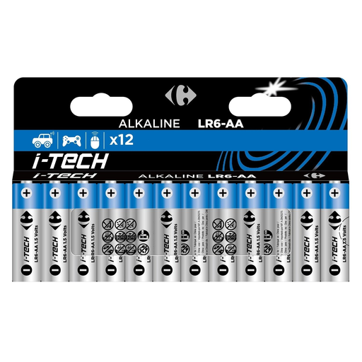 [3616474434707] CARREFOUR Piles Alcaline LR6-AA 1,5V I-Tech, le lot de 12 piles