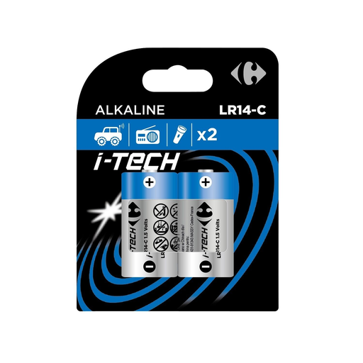 [3616474435629] CARREFOUR Piles Alcaline LR14-C 1,5V I-Tech le lot de 2 piles