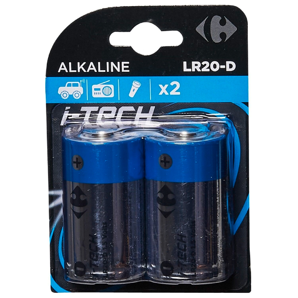CARREFOUR Pilhas Alcalinas LR20-D 1,5V I-Tech, lote de 2 pilhas