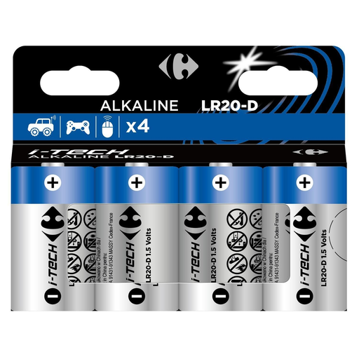 [3616474435650] CARREFOUR Piles Alcaline LR20-D 1,5V I-Tech le lot de 4 piles