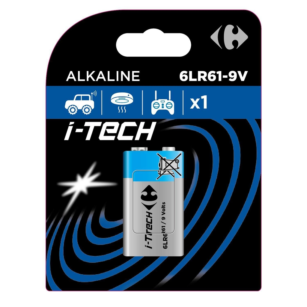 CARREFOUR Piles Alcaline 9V 6LR61 I-Tech, l'unité