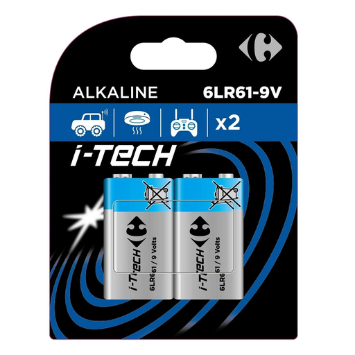 [3616474435674] CARREFOUR Alkaline Batteries 9V I-Tech, pack of 2
