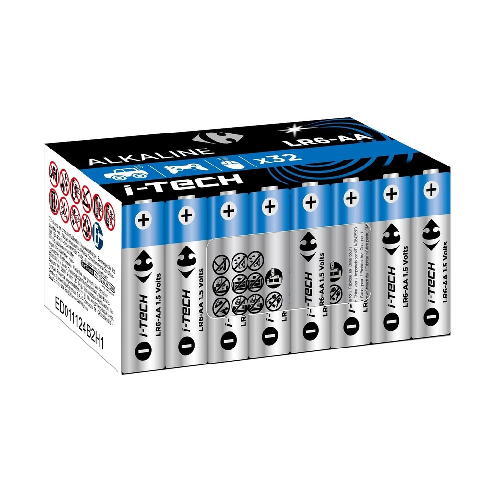 CARREFOUR Piles Alcaline LR6-AA 1,5V I-Tech, lot de 32
