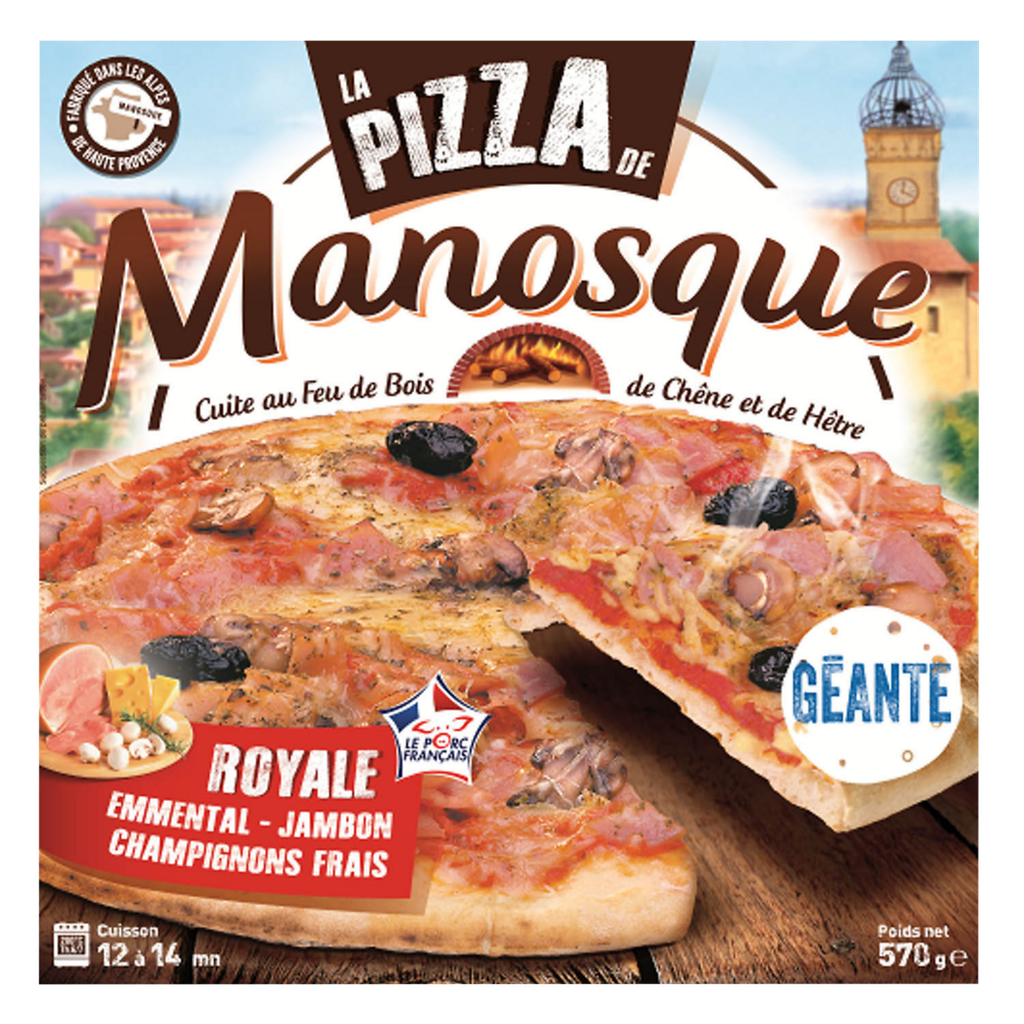 LA PIZZA DE MANOSQUE Pizza royale géante cuite au feu de bois de chêne et de hêtre 570 g