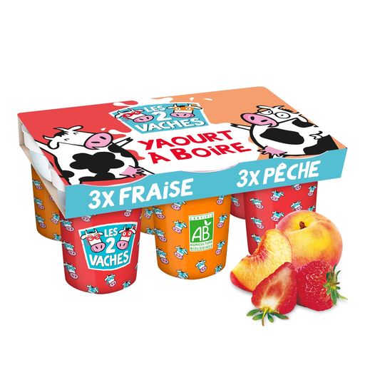 [3661344011175] LES 2 VACHES Yaourt à boire à la pêche et à la fraise bio 6 x 100 g
