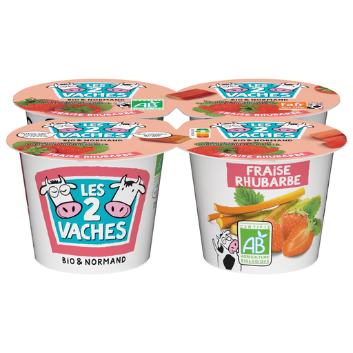 [3661344267770] LES 2 VACHES Yaourt brassé sucré fraise rhubarbe bio 4 pots de 115 g