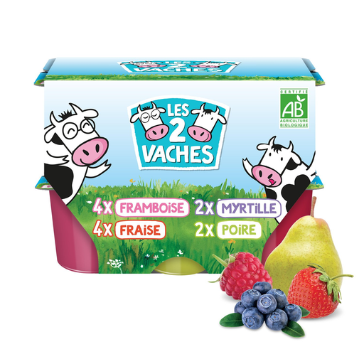 [3661344382930] LES 2 VACHES Petits suisses aux fruits BIO 12 pots de 50 g