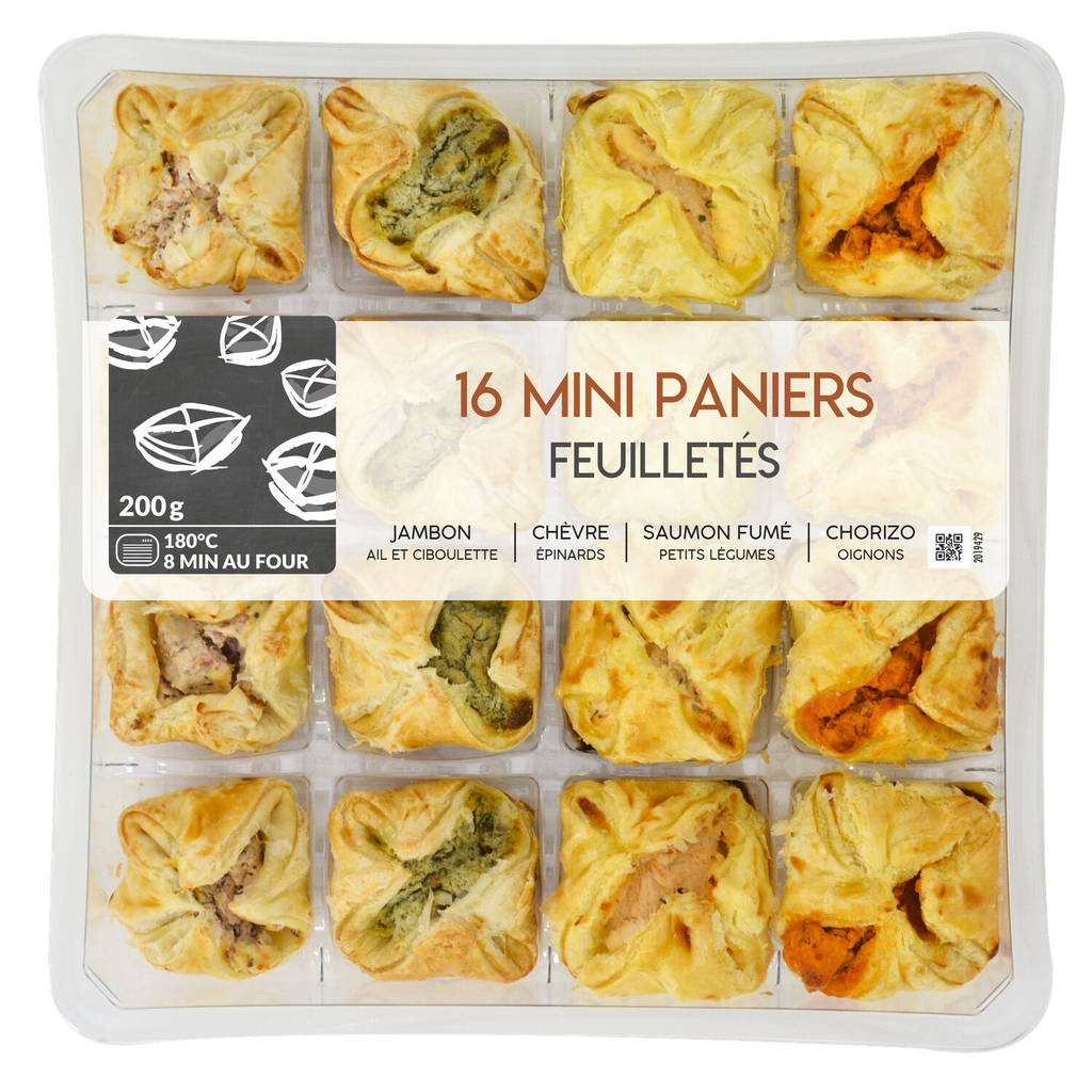 MIX BUFFET Mini cestos de massa folhada (Presunto, queijo de cabra, salmão fumado, chouriço), 16 peças 200 g