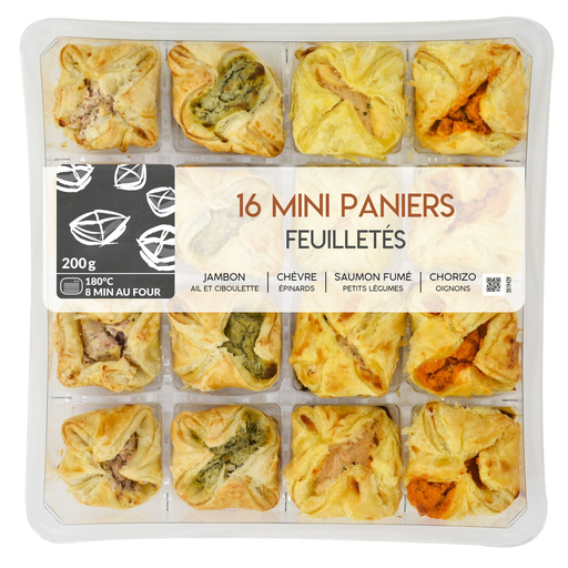 [3700009259054] MIX BUFFET Mini paniers feuilletés (Jambon, chèvre, saumon fumé, chorizo), 16 pièces 200 g