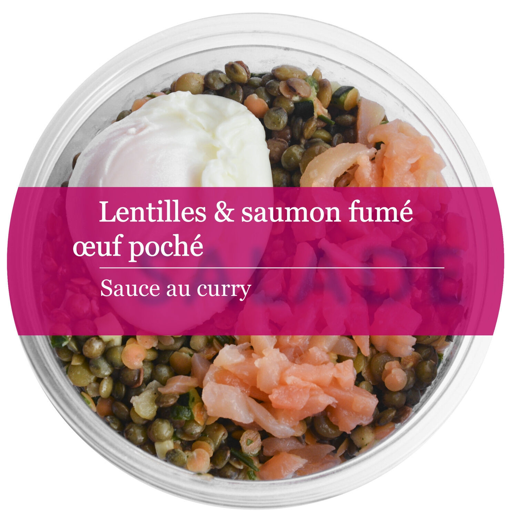 MIX BUFFET Salade composée lentilles, œuf poché, courgettes, saumon fumé et sauce curry 200g